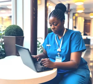 Nurse at a table using a laptop computer