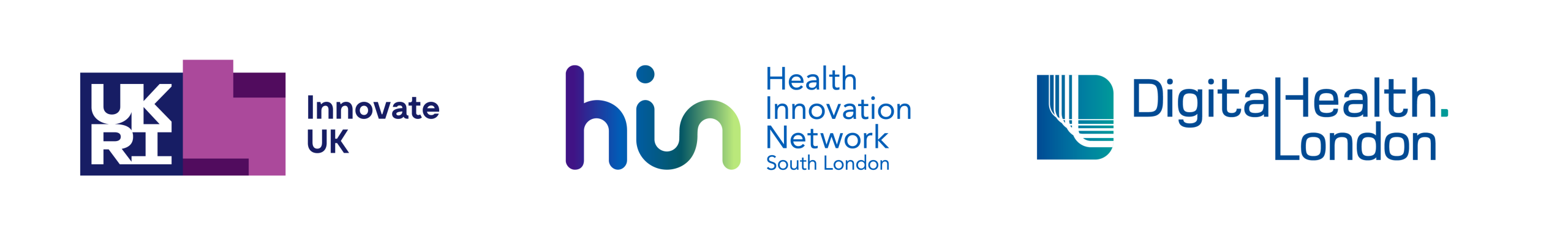 Logos for Innovate UK; Health Innovation Network South London; and DigitalHealth.London