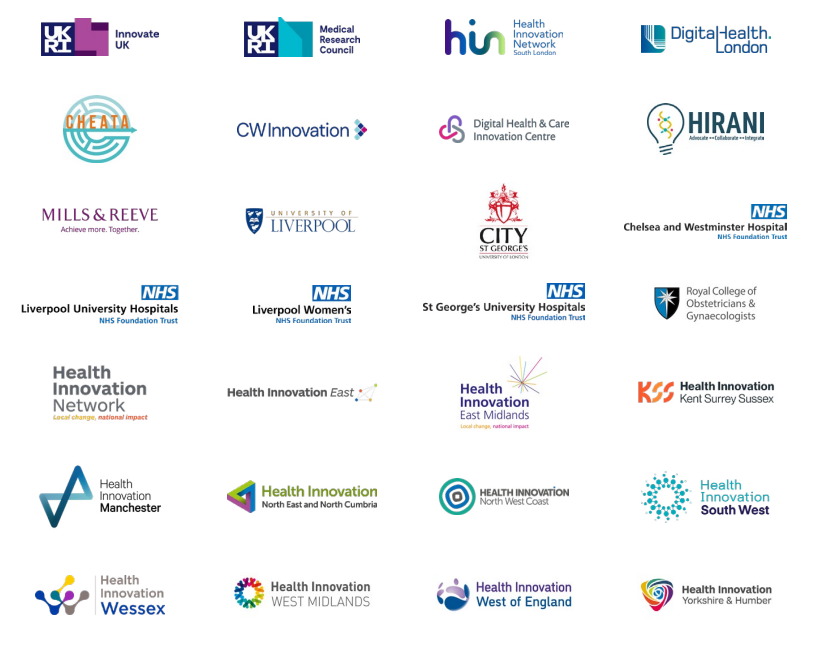 Logos for Innovate UK, Health Innovation Network South London, Health Innovation Network, Medical Research Council, Digital Health.London, DHI Scotland, Eastern HIN, EastMid HIN, WestMid HIN, NE and North Cumbria HIN, Northwest Coast HIN, West of England HIN, Yorkshire and Humber HIN, HIRANI, CW+