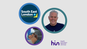 Graphic with three images including: the South East London Integrated Care Board logo, head and shoulders image of Neil Kennett-Brown, and an image of a nurse wrapping a patient's leg in compression bandaging.